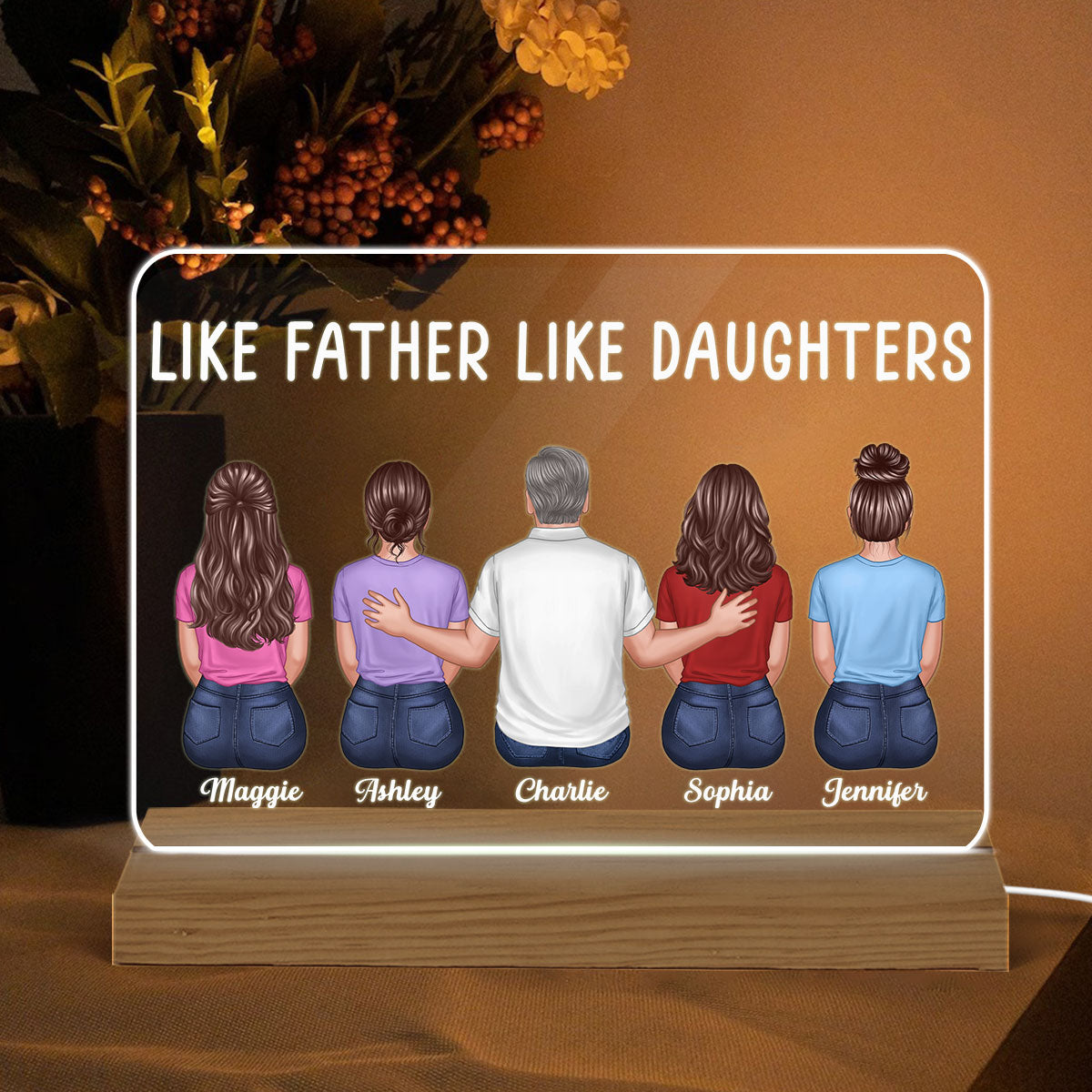 Like Father Like Daughter Son Back View Dad And Daughters Sons Sitting Personalized Custom Shape Acrylic Plaque Warm LED Night Light