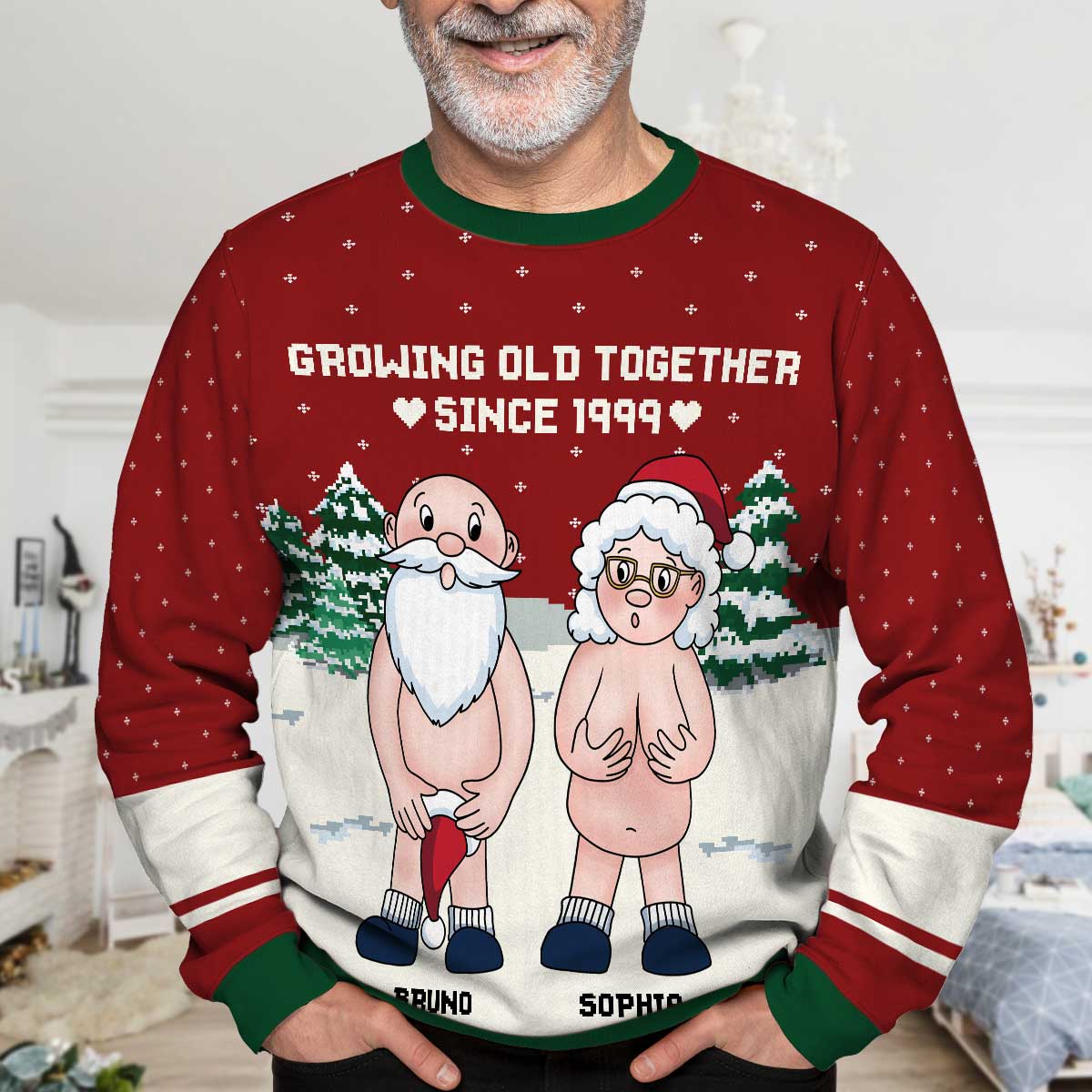 Funny Old Couple Growing Old Together Personalized Faux Knitting Ugly Sweater