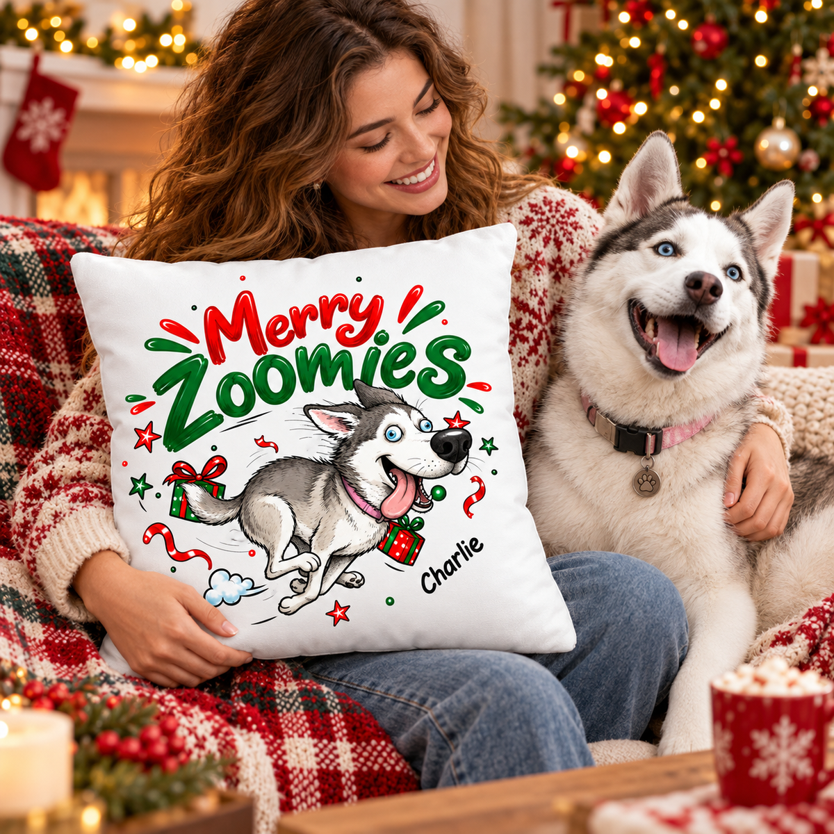 Merry Zoomies Quirky Dog Portrait From Your Custom Pet Photo - Personalized Pillow - Funny Christmas Gift For Dog Lover