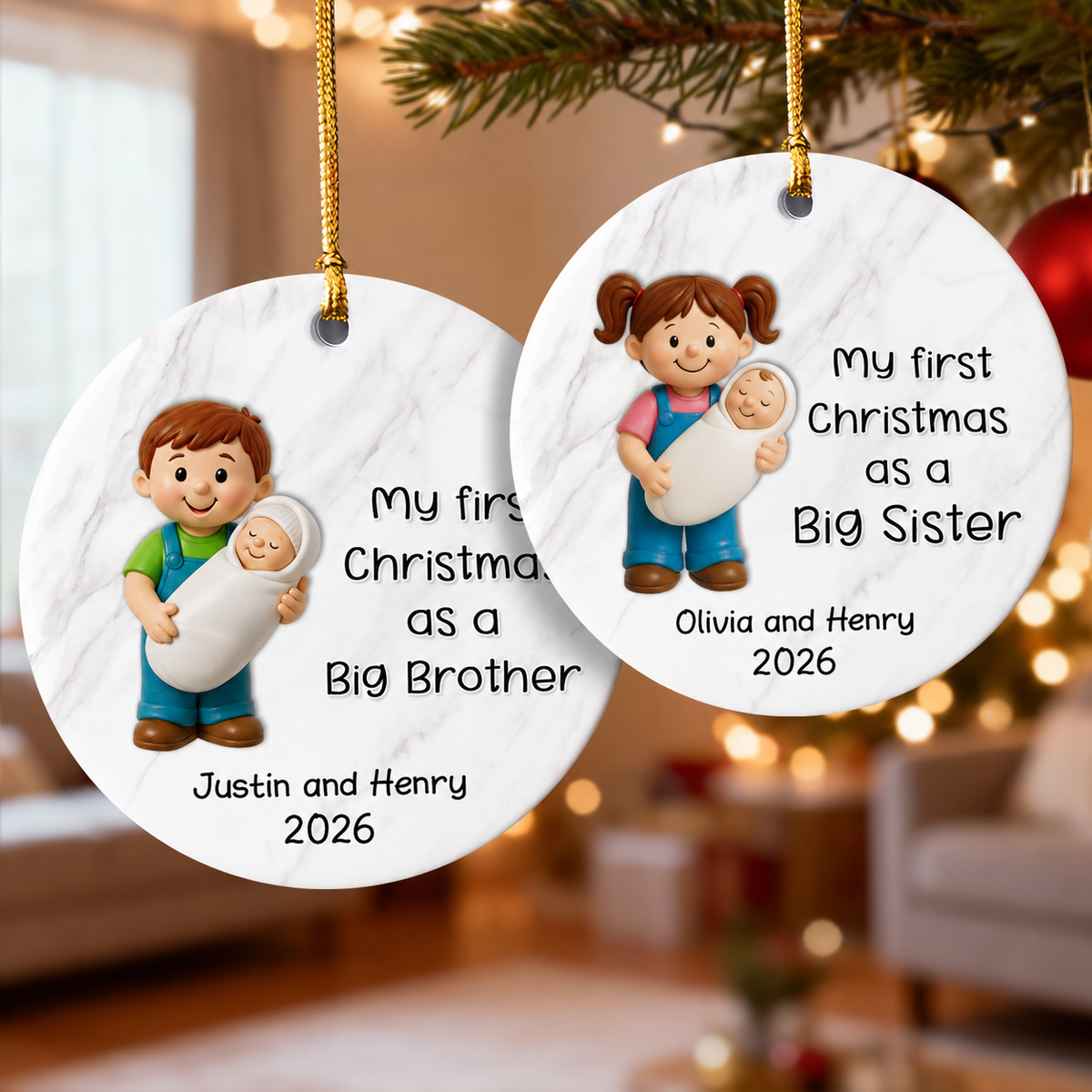My First Christmas As Big Sister Big Brother - Personalized Ceramic Ornament - Proud New Big Siblings Gift