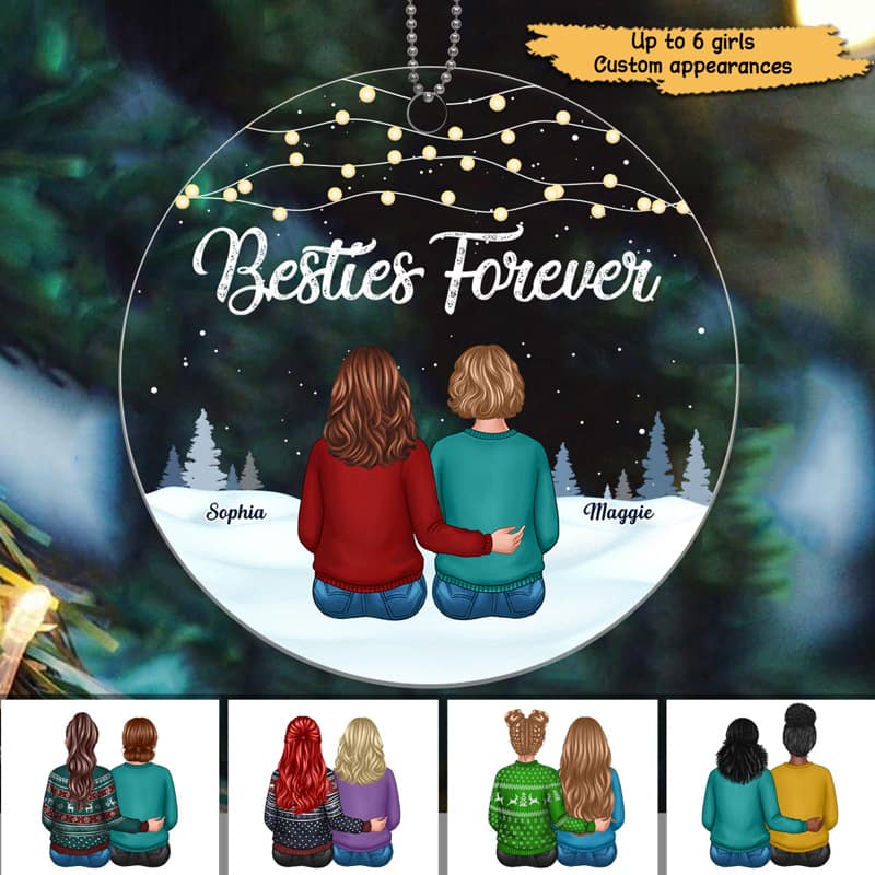 Besties Best Friends Sisters Forever Personalized Christmas Acrylic Ornament