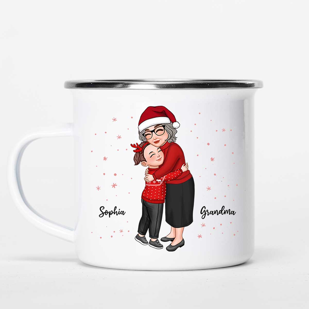 Grandma & Grandkid Hugging Christmas Gift For Granddaughter Grandson Personalized Campfire Enamel Mug
