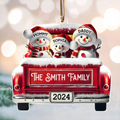 Personalized Snowman Family Acrylic Christmas Ornament, Red Truck Custom Name 3D Effect Ornament