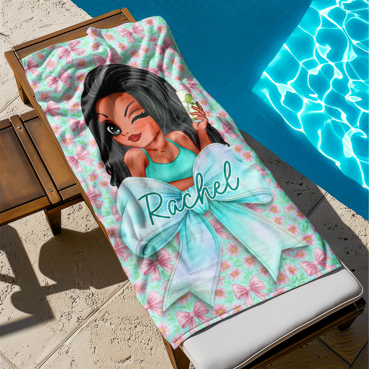 Girls Personalized Bow Floral Beach Towel, Preppy Girls Pool Towel with Name, Bachelorette Party Beach Trip