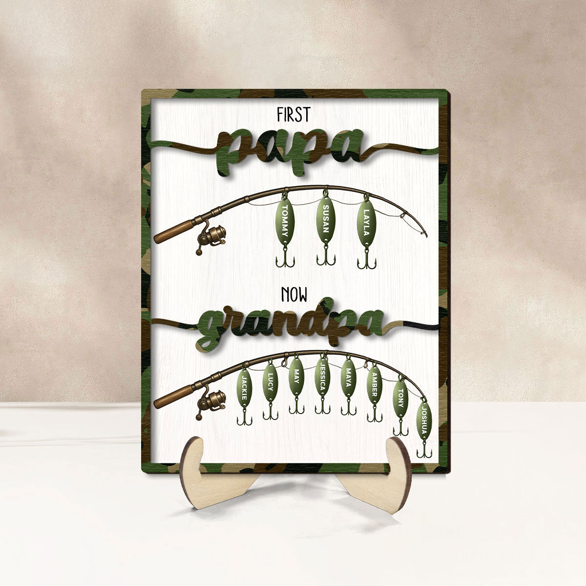 First Dad Now Grandpa Fishing Lures With Kids' Names Personalized 2-Layered Wooden Plaque, Father's Day Gift For Husband, For Dad, For Grandpa
