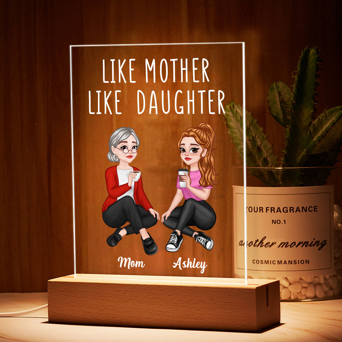 Like Mother Like Daughter Pretty Cartoon Mom & Daughter Personalized Rectangle Acrylic Plaque With LED Night Light