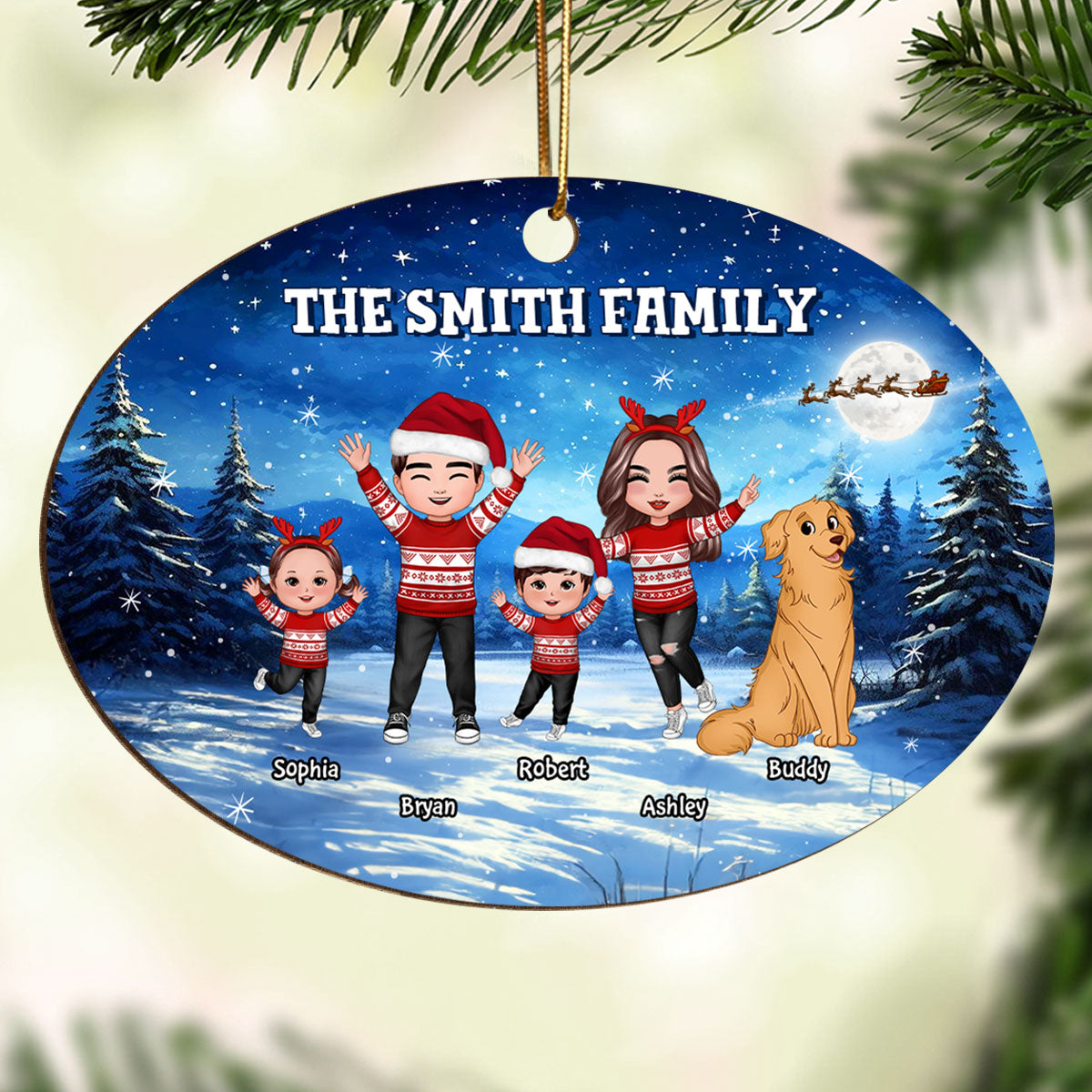 Happy Doll Family Dad Mom Kids Dogs Cats In Christmas Night Personalized Wooden Ornament