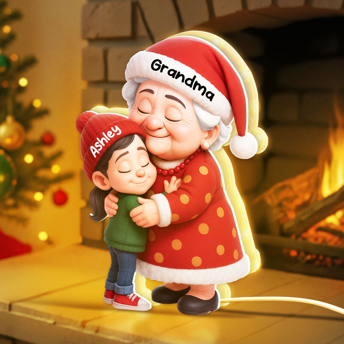 Cute Cartoon Grandma Hugging Grandkid - Personalized Light Box - Christmas Decor, Christmas Gift for Grandma