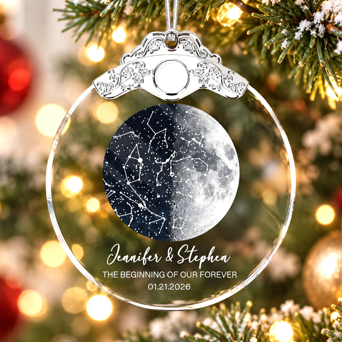 Custom Moon Phase & Star Map by Date - Personalized Glass Ornament With Silver Cap - Heartfelt Christmas Gift, Anniversary Gift, For Couple, For Him, For Her