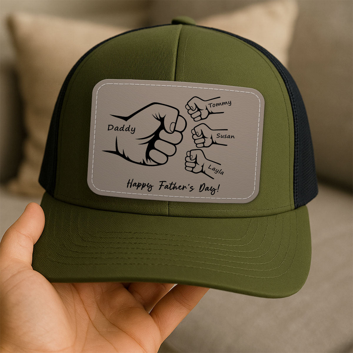 Daddy Grandpa Fist Bump Outline Personalized Leather Patch Hat, Father's Day gift