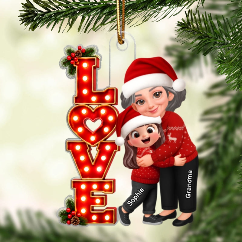 Grandma Hugging Grandkids LOVE Christmas Marquee 2D Flat - Personalized Acrylic Ornament - Christmas Gift For Grandma, Granddaughter, Grandson