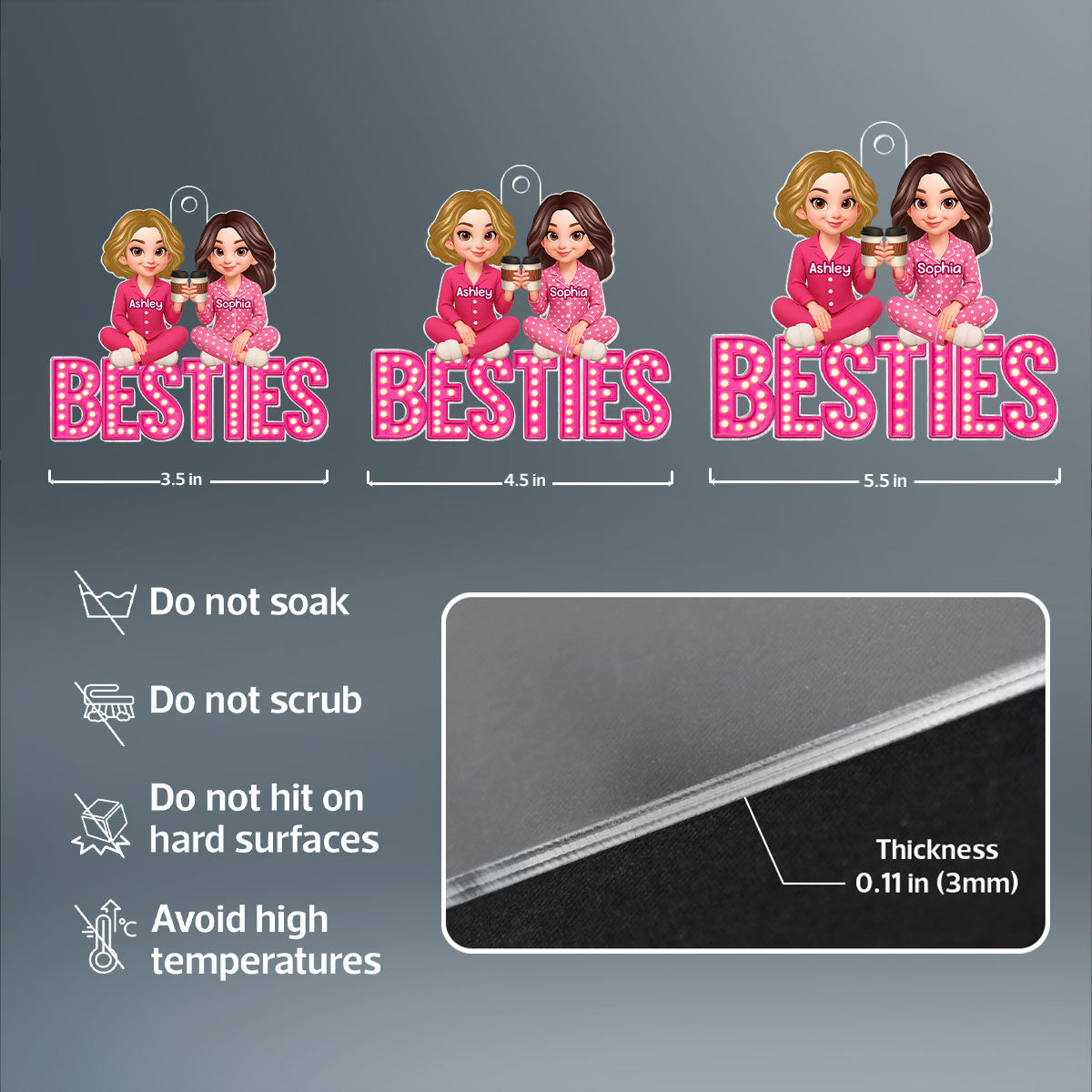 Pink Marquee Besties Sisters Sitting On Text Personalized Acrylic Ornament
