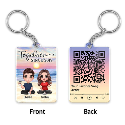 Doll Couple Sitting At Beach Favorite Song Scannable QR Code Personalized Acrylic Keychain