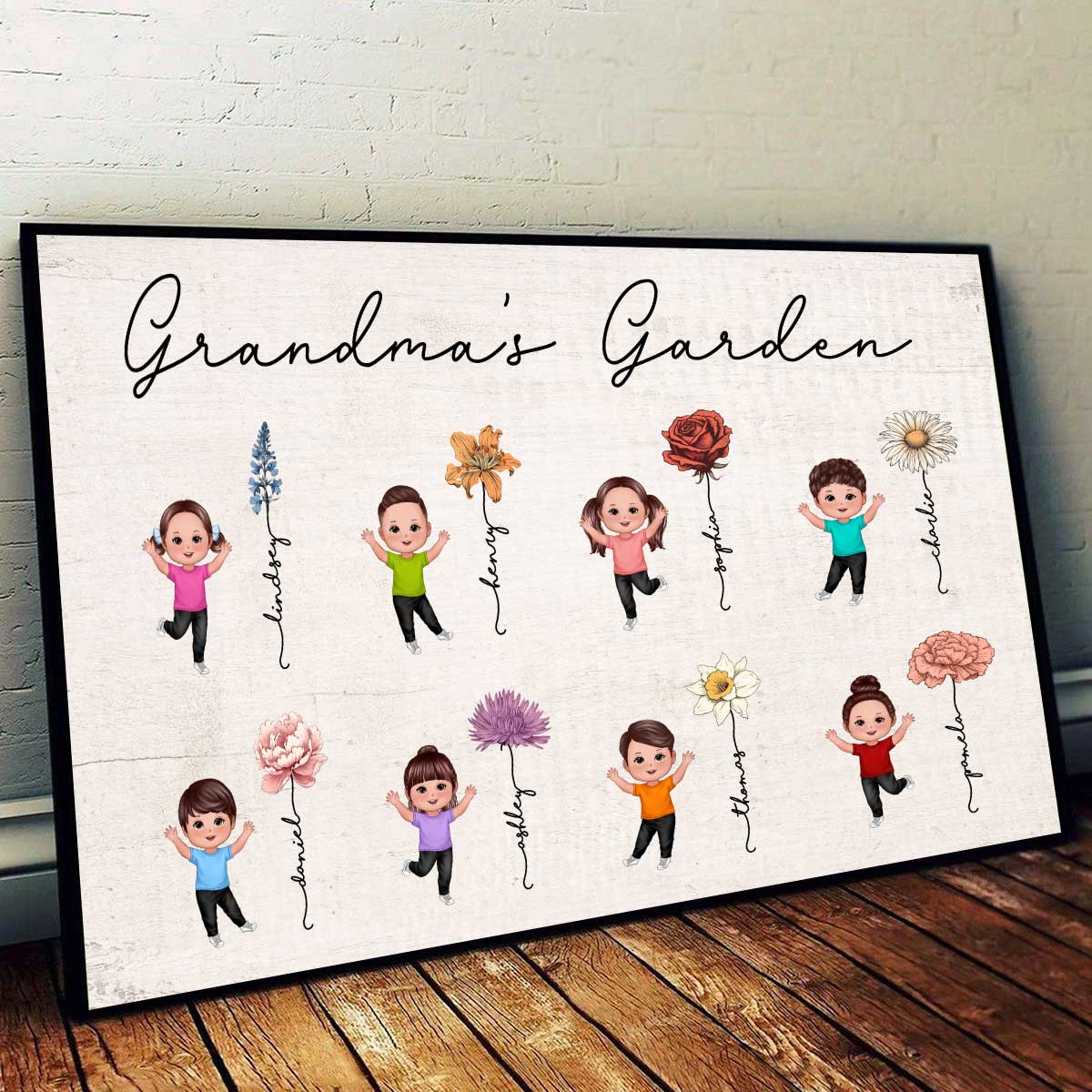 Happy Grandkids Grandma Mom Auntie Garden Vintage Birth Month Flowers Mother‘s Day Gift Personalized Horizontal Poster