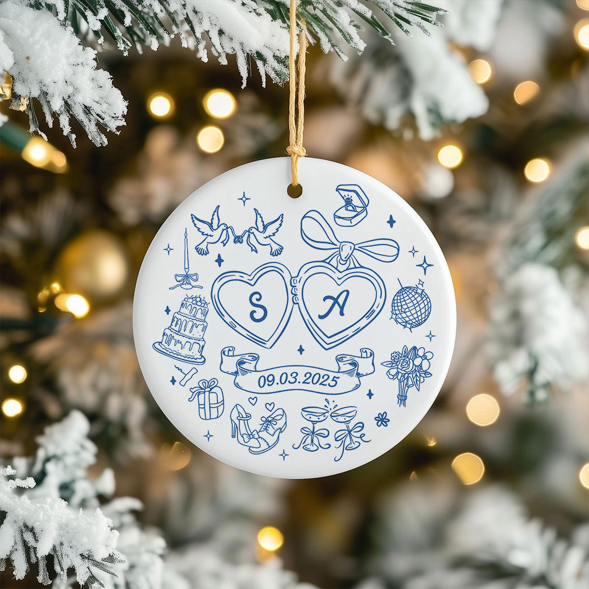 Couple Initials Locket Coquette Doodle Personalized Ceramic Ornament, First Christmas Gift, Married, Engagement Gift for Couples