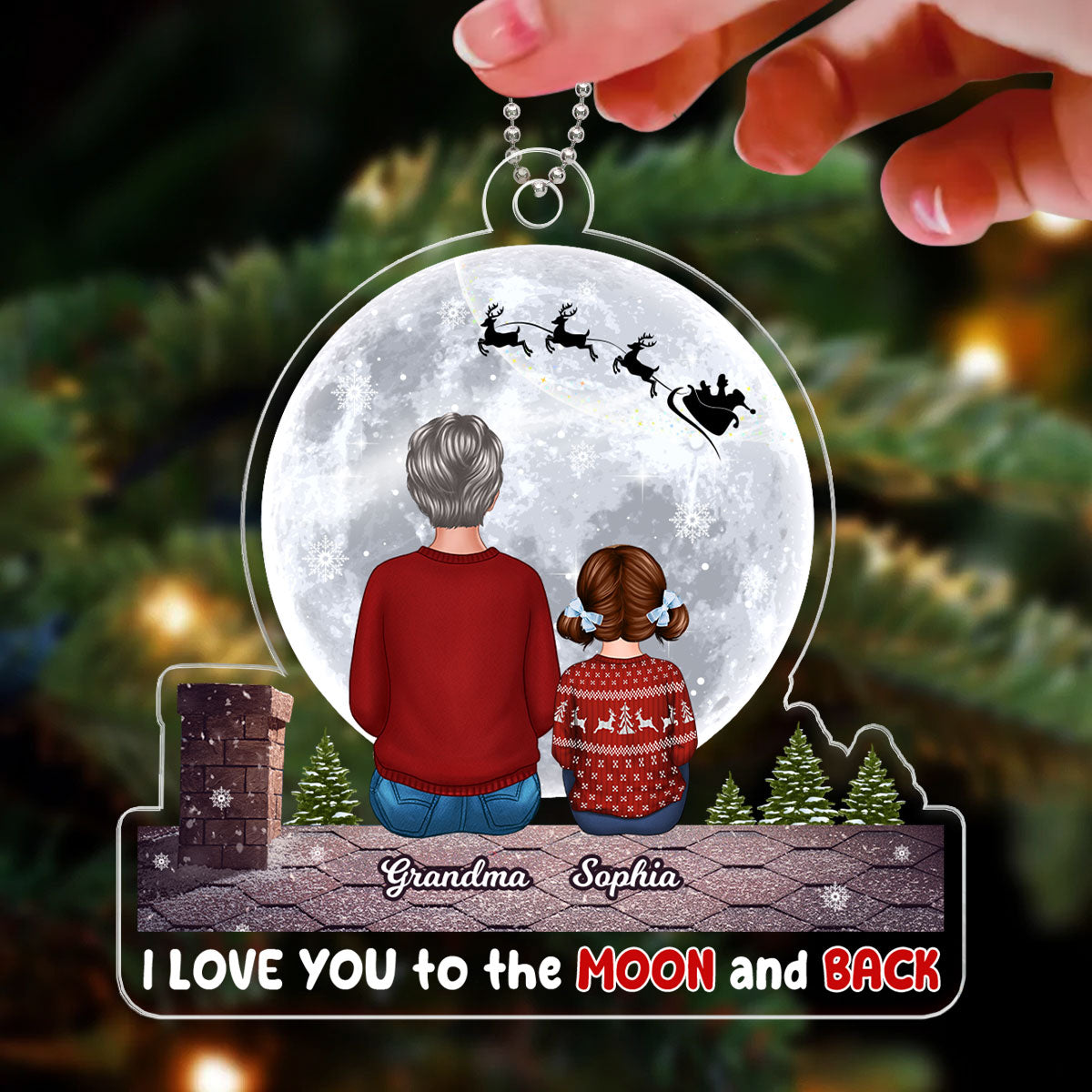 Grandma Grandkid Back View On Roof Love To The Moon Personalized Acrylic Ornament