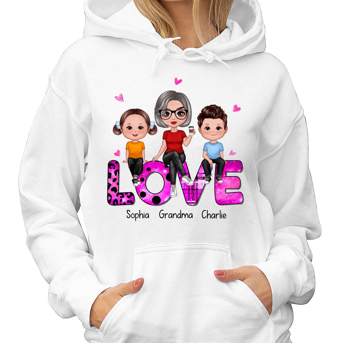 Doll Grandma With Grandkids Sitting On Love Word Personalized Shirt