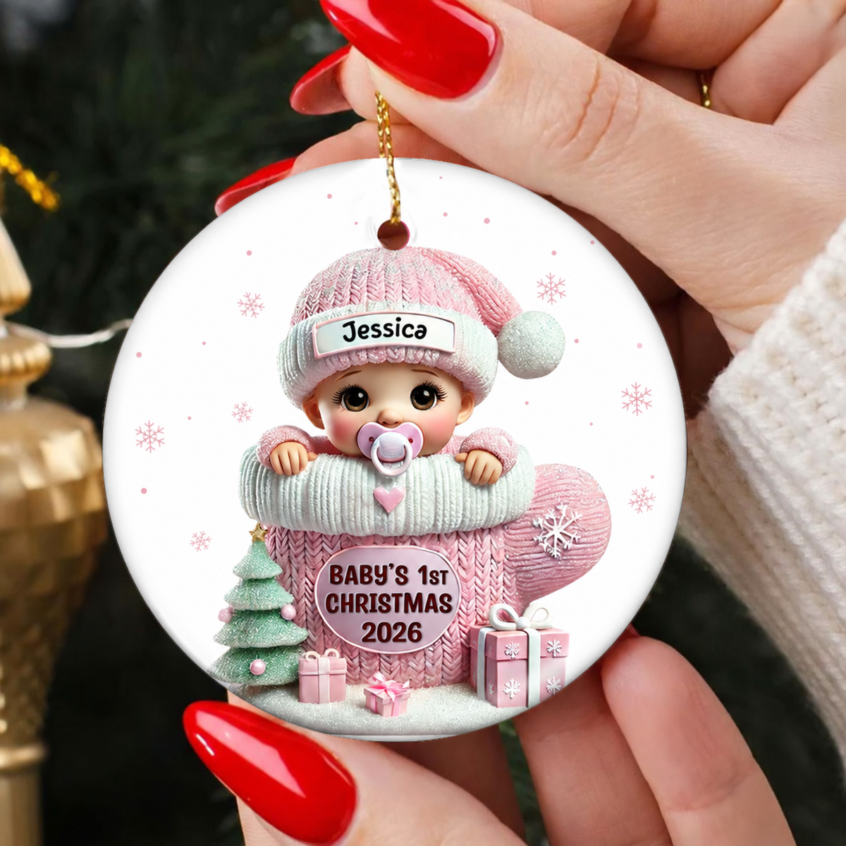 Baby In Mitten 3D Effect Baby's First Christmas Personalized Ceramic Flat Ornament