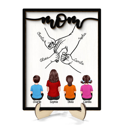 Mom And Kids Holding Hands Personalized 2-Layer Wooden Plaque