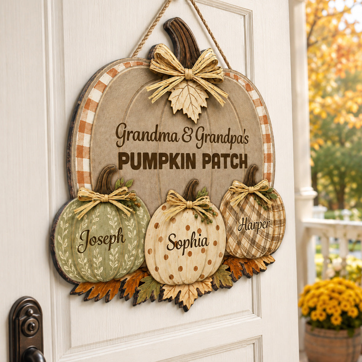 Grandma & Grandpa's Pumpkin Patch Polka Dot Leopard Plaid Pattern Pumpkins 2D Flat Printed - Personalized Door Hanger - Fall Season Decor For Grandparents