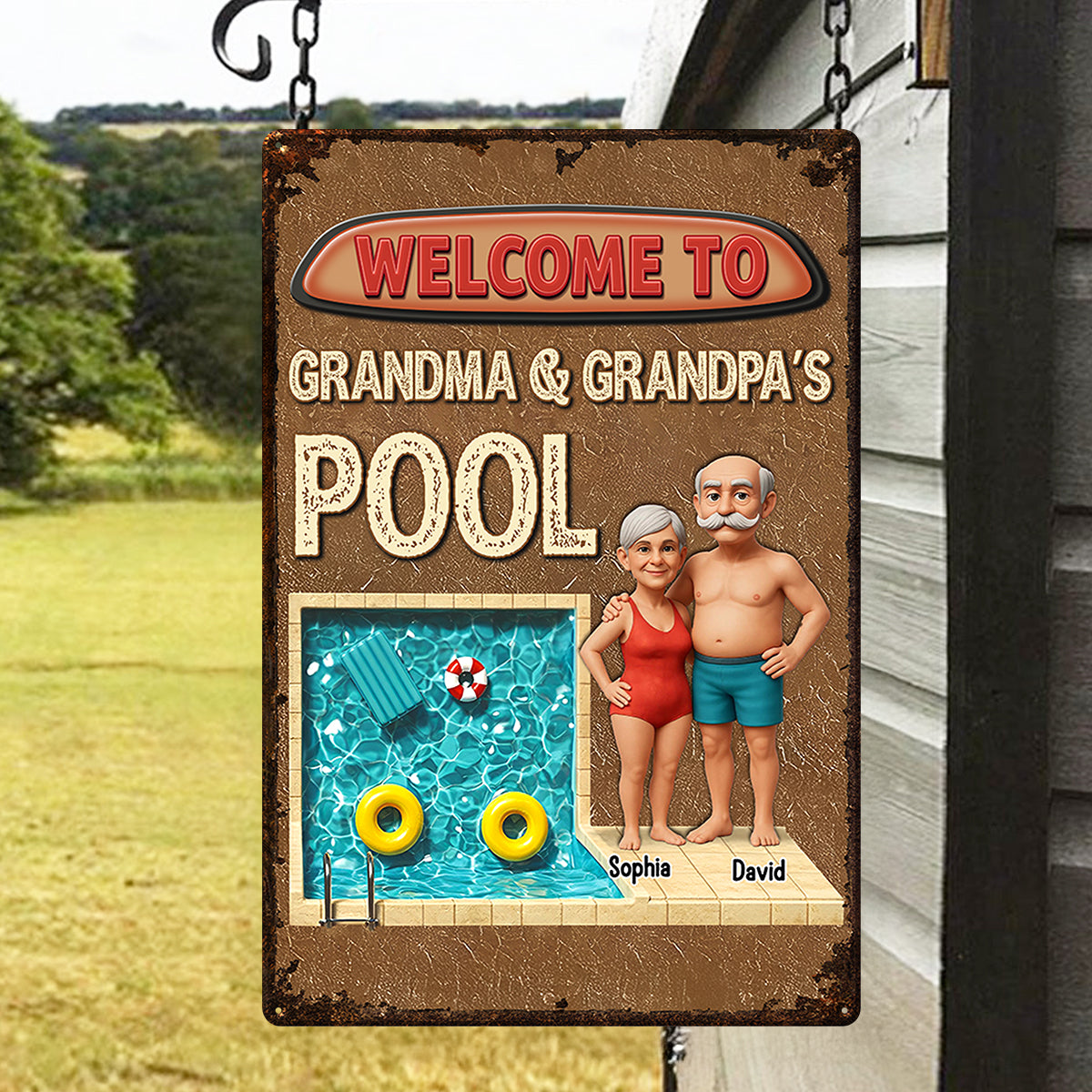 3D Effect Welcome To Grandma Grandpa Pool Personalized Metal Sign