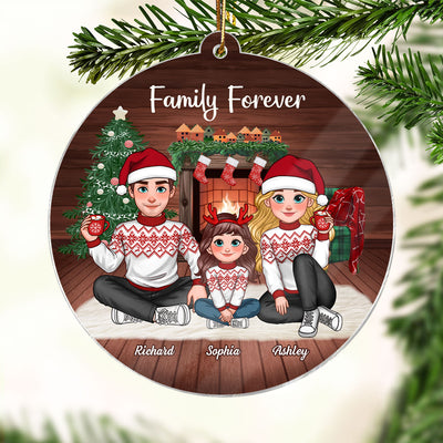 Animated Family Sitting In Cozy House Christmas Personalized Acrylic Ornament