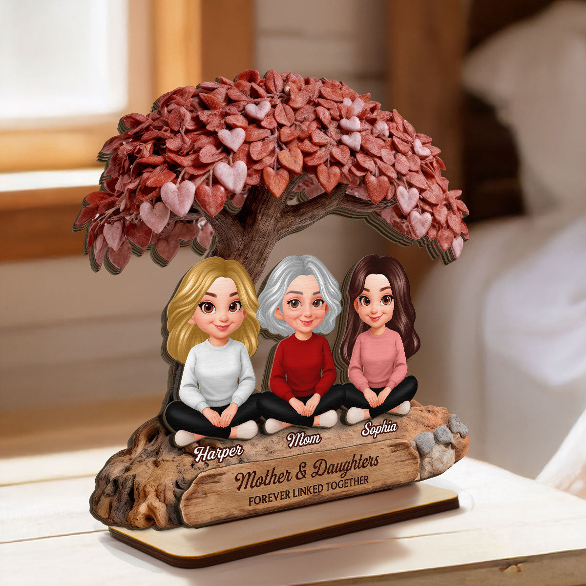 Mom And Daughter Son Under Heart Tree - Personalized 2-Layered Wooden Plaque - Mother's Day Gift For Mom