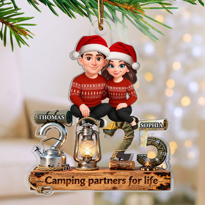 3D Effect Couple Camping Partners For Life Signature Symbols Christmas - Personalized Acrylic Ornament - Gift For Camping Couple, Gift For Him, For Her