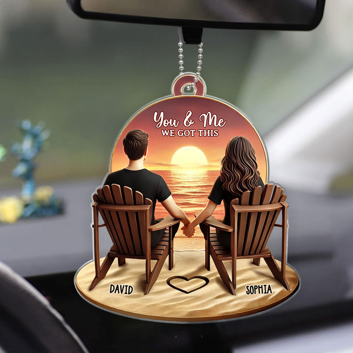 3D Effect Couple Beach Landscape Retro Vintage Personalized Car Hanger, Anniversary Gift For Couple