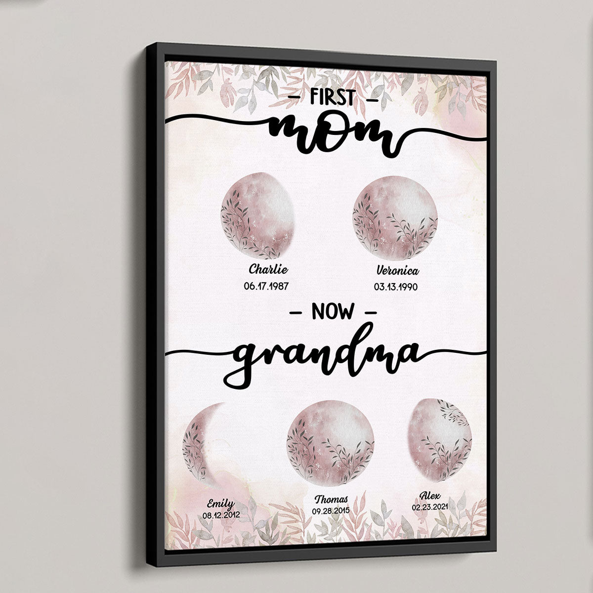 First Mom Now Grandma Custom Floral Birth Moon Phase Personalized Poster, Gift