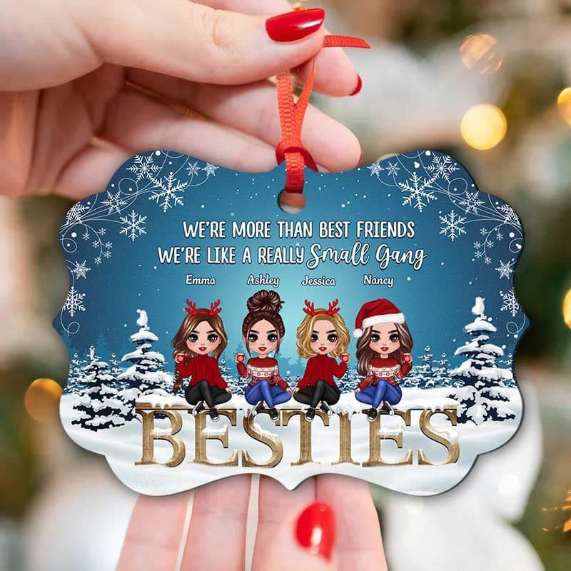 Doll Besties Sitting On Word Snow Blue Background Personalized Christmas Ornament