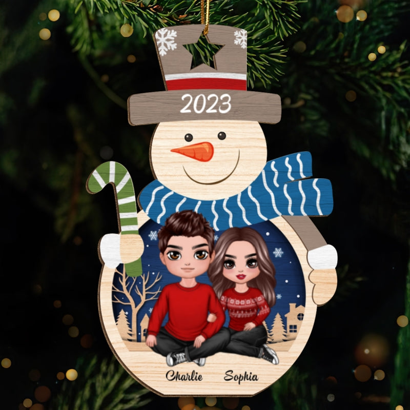 Couple Sitting Inside Snowman Personalized Wooden Ornament
