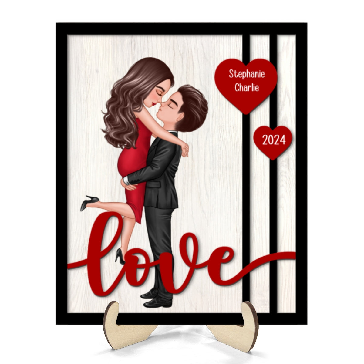 Couple Hugging Kissing Love Hearts Personalized 2-layer Wooden Plaque, Valentine‘s Day Gift For Him, For Her