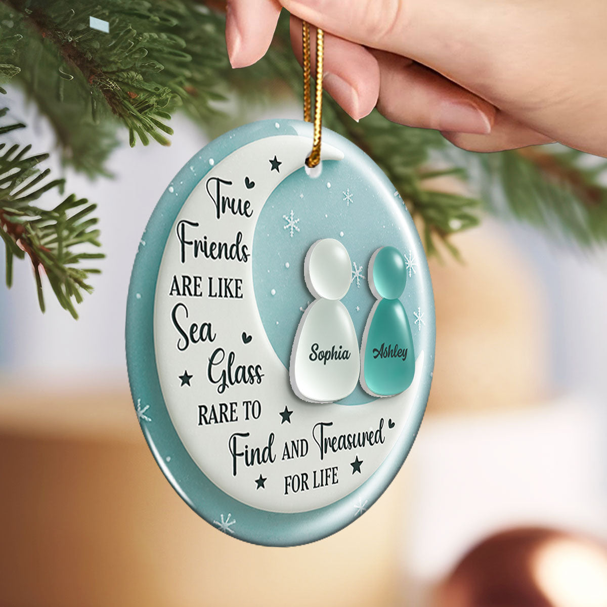 3D Sea Glass Effect Besties On Moon - Personalized Ceramic Ornament With Acrylic Pieces - Unique Gift For Best Friends