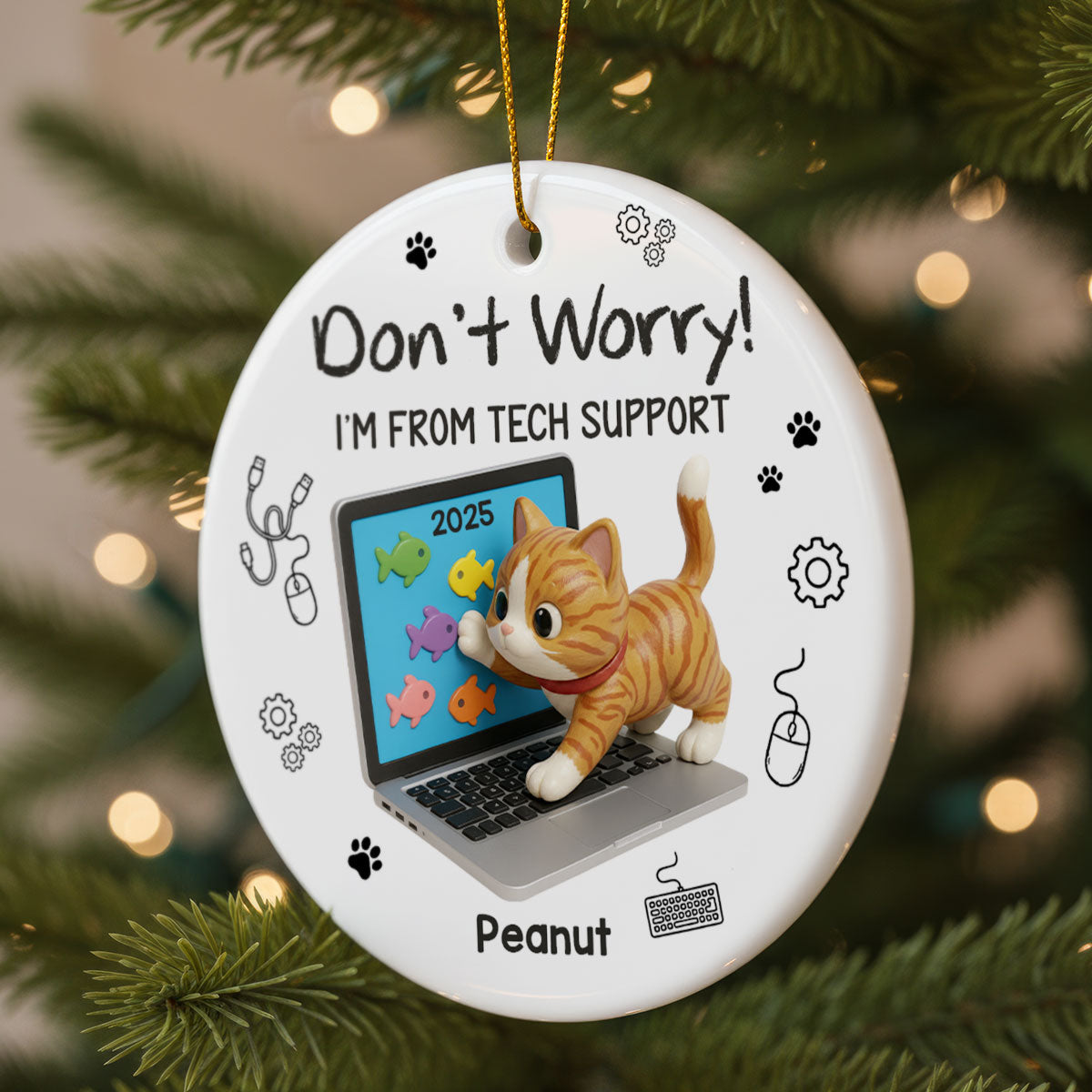 3D Effect Mischievous Kitten Tech Support - Personalized Ceramic Ornament - Gift For Cat Lovers