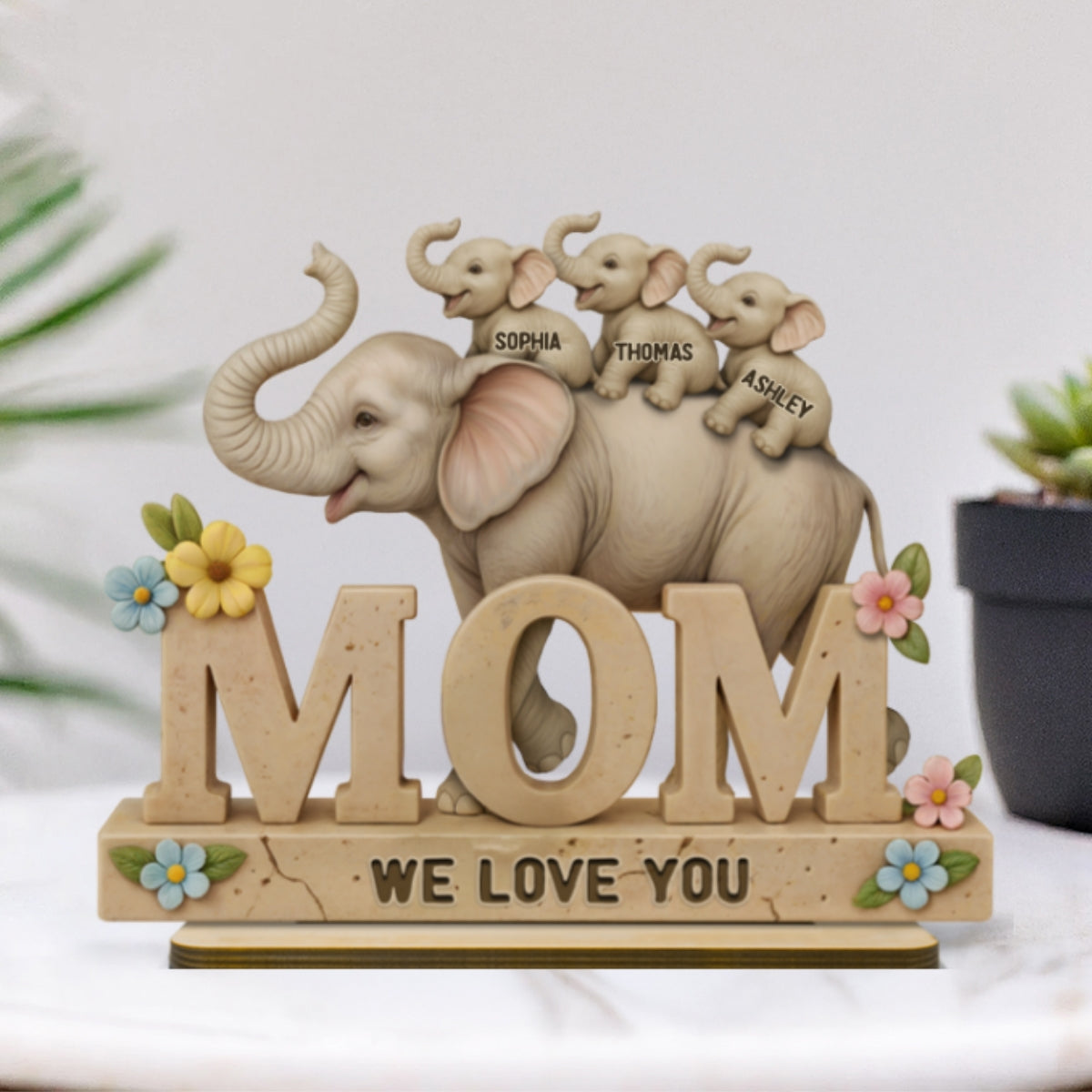 3D Effect Elephant MOM Personalized Standing Wooden Plaque, Gift For Mom
