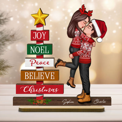 Couple Hugging Kissing Joy Peace Believe Christmas Decor Personalized 2-Layer Standing Wooden Plaque
