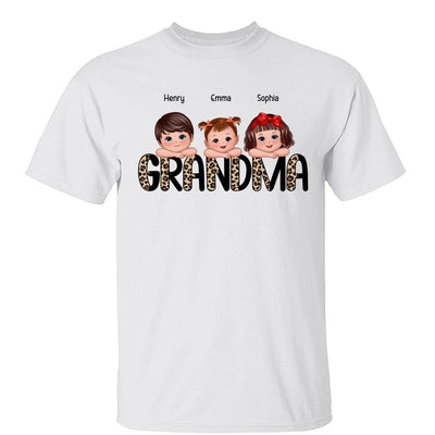 Half Leopard Grandma Cute Grandkids Laying Head On Arms Personalized Shirt