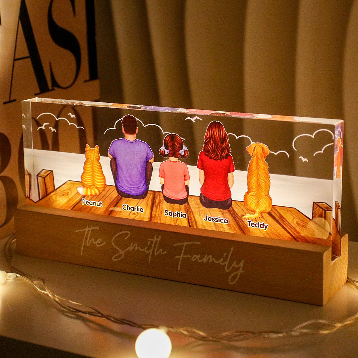 Family Sitting On The Bridge Personalized Acrylic Block LED Night Light, Gift For Family