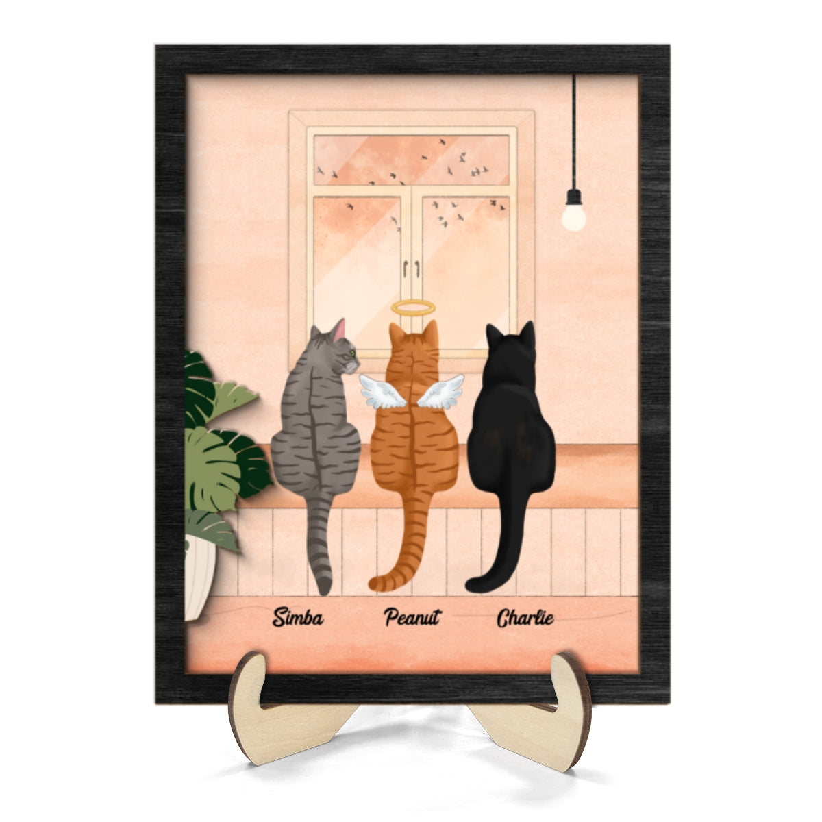 Cat Portrait Print Looking At Birds Outside Window Personalized 2-Layer Wooden Plaque