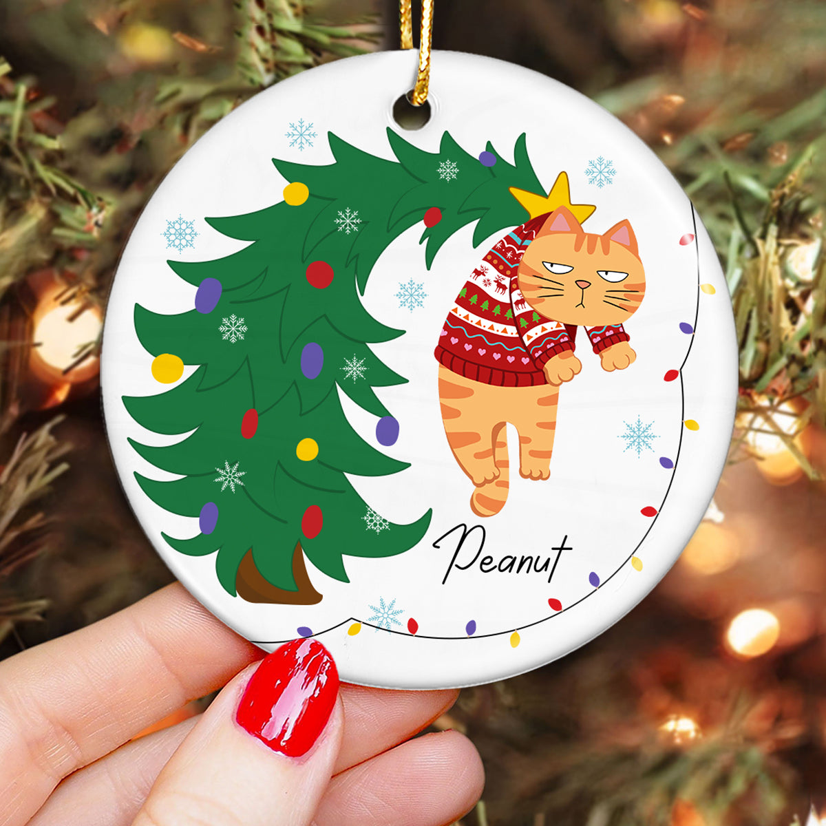 Naughty Cat Hanging On Christmas Tree Personalized Ceramic Ornament, Gift For Cat Lover