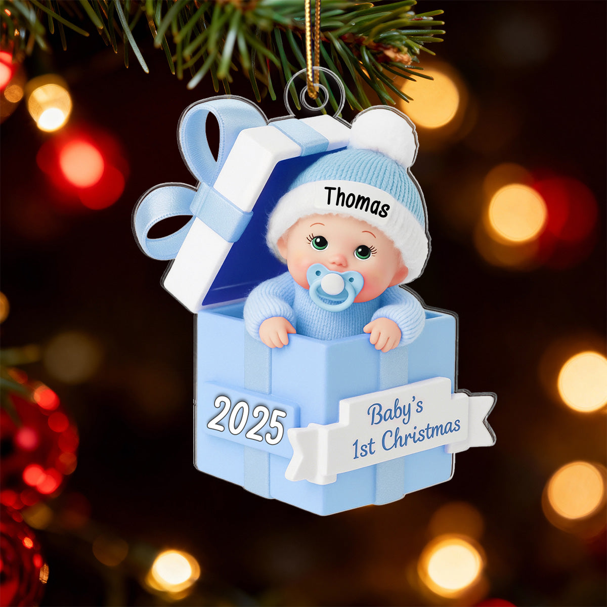 3D Effect Baby In Gift Box - Personalized Acrylic Ornament - First Christmas Keepsake