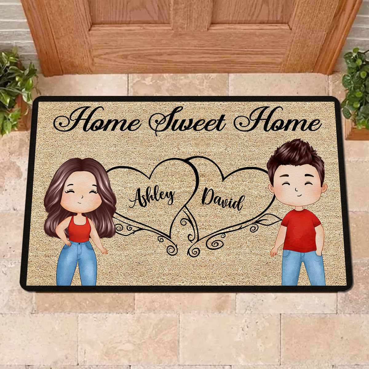 Home Sweet Home Watercolor Couple Personalized Doormat