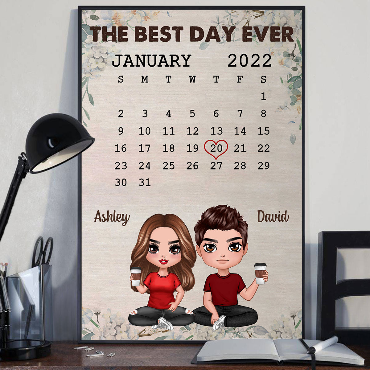 Anniversary Date Floral Doll Couple Sitting Gift For Him For Her Personalized Vertical Poster