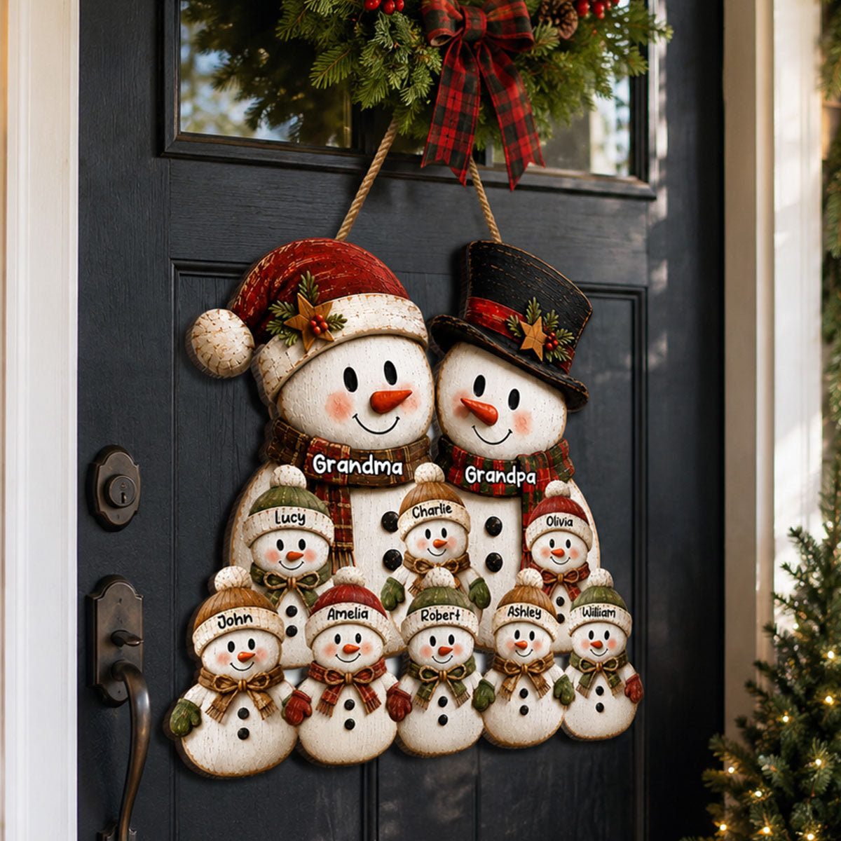 Rustic Grandpa Grandma Grandkids Snowman - Personalized Wood Sign - Christmas Decoration For Grandparents