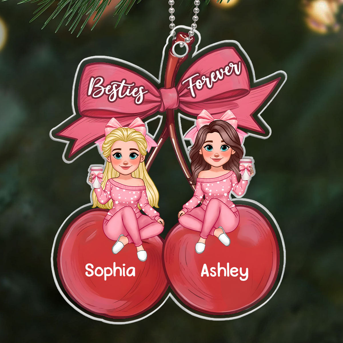 Besties Sitting On Pink Coquette Cherry Bow Personalized Acrylic Ornament, Christmas Gift For Best Friends