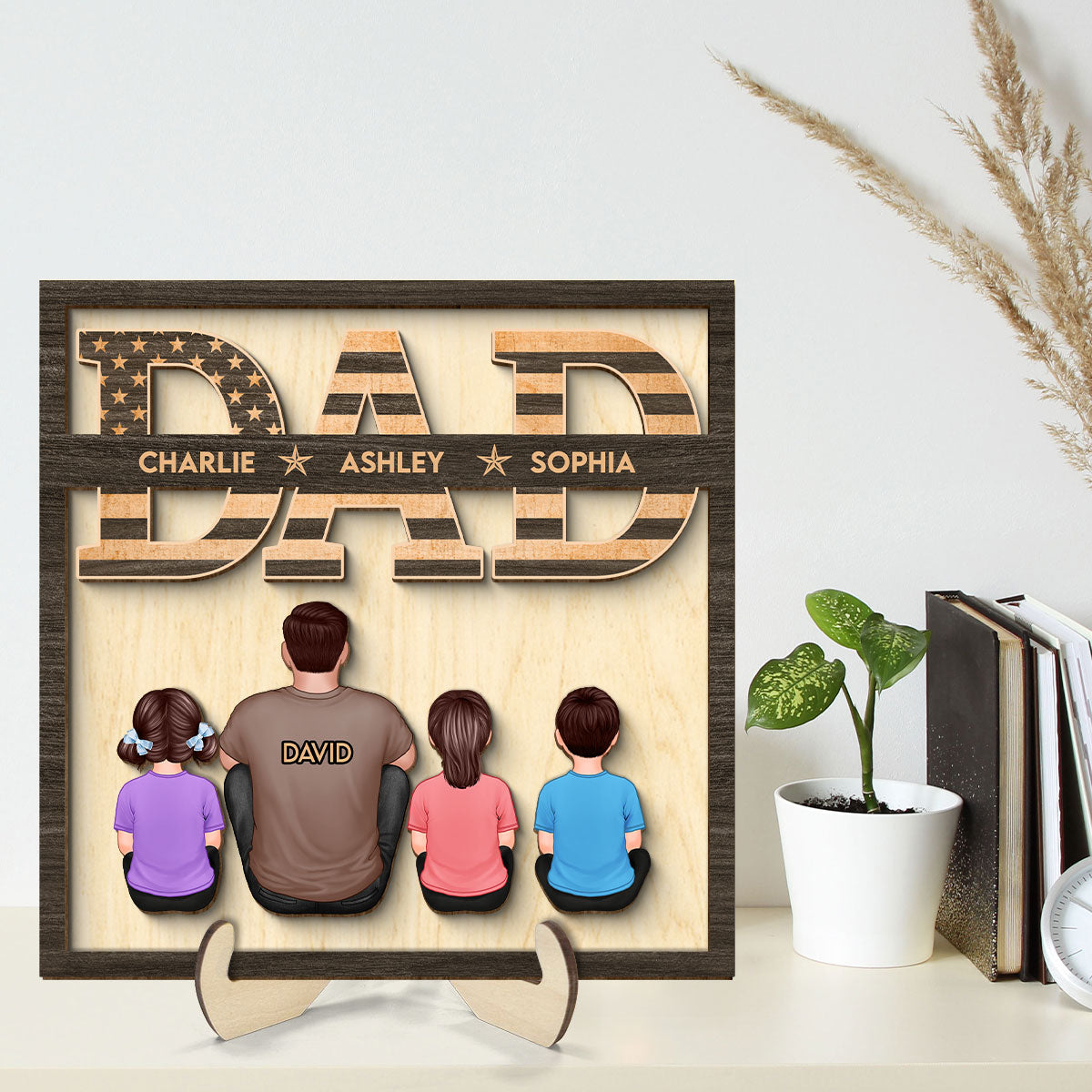 Dad We Love You Flag Man & Kids Sitting Back View Personalized 2-Layer Wooden Plaque