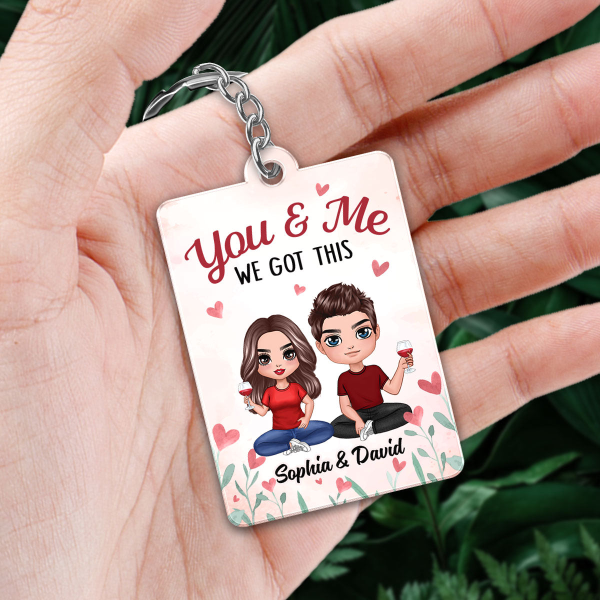 Doll Couple Sitting Flower Hearts Favorite Song QR Code Personalized Acrylic Keychain