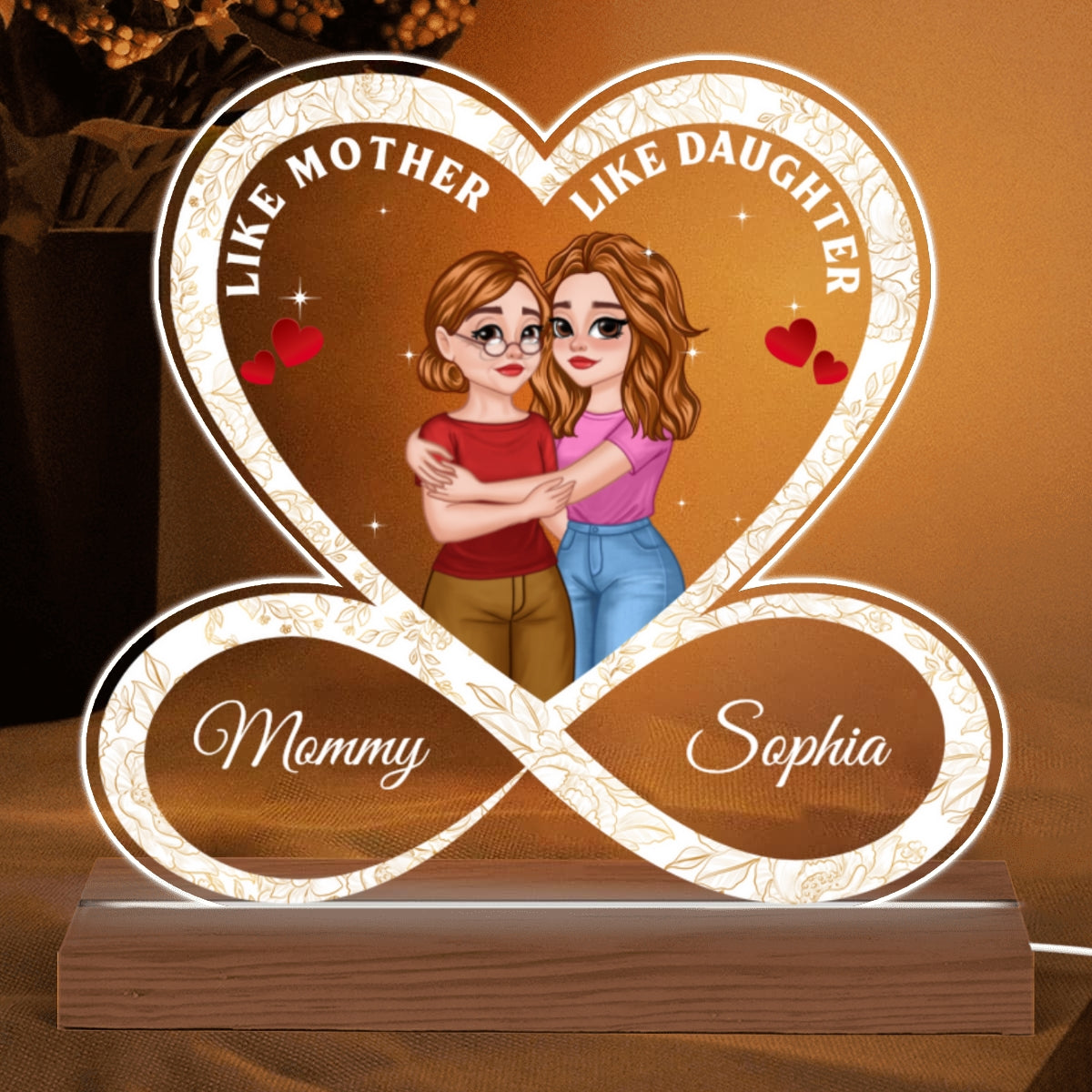Infinity Heart Hugging Cartoon Mom Daughter Personalized Custom Shape Acrylic Plaque With LED Night Light