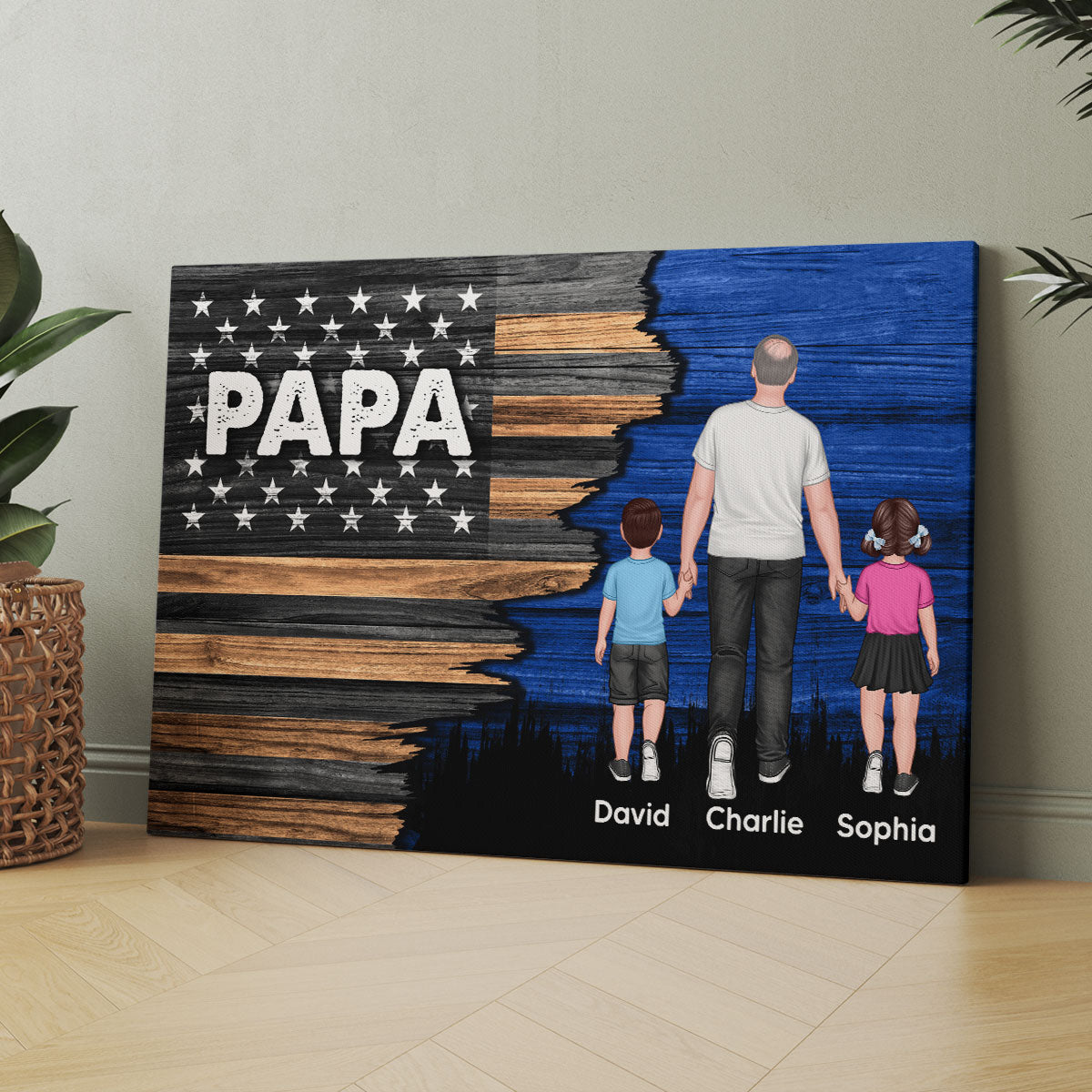 Dad Grandpa Papa Walking With Kids Half Nation Flag Personalized Horizontal Canvas, Father‘s Day Gift For Dad, For Grandpa, For Husband